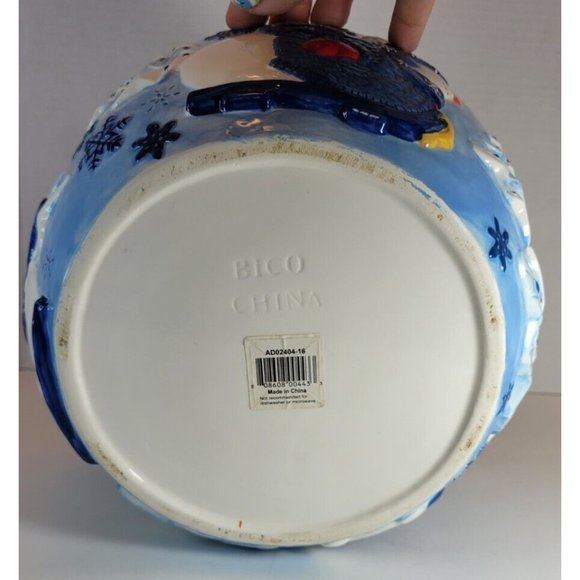 Christmas Snowman in Sweater Blue Snowflake Large Serving Bowl Homespun Holiday - Picture 4 of 10